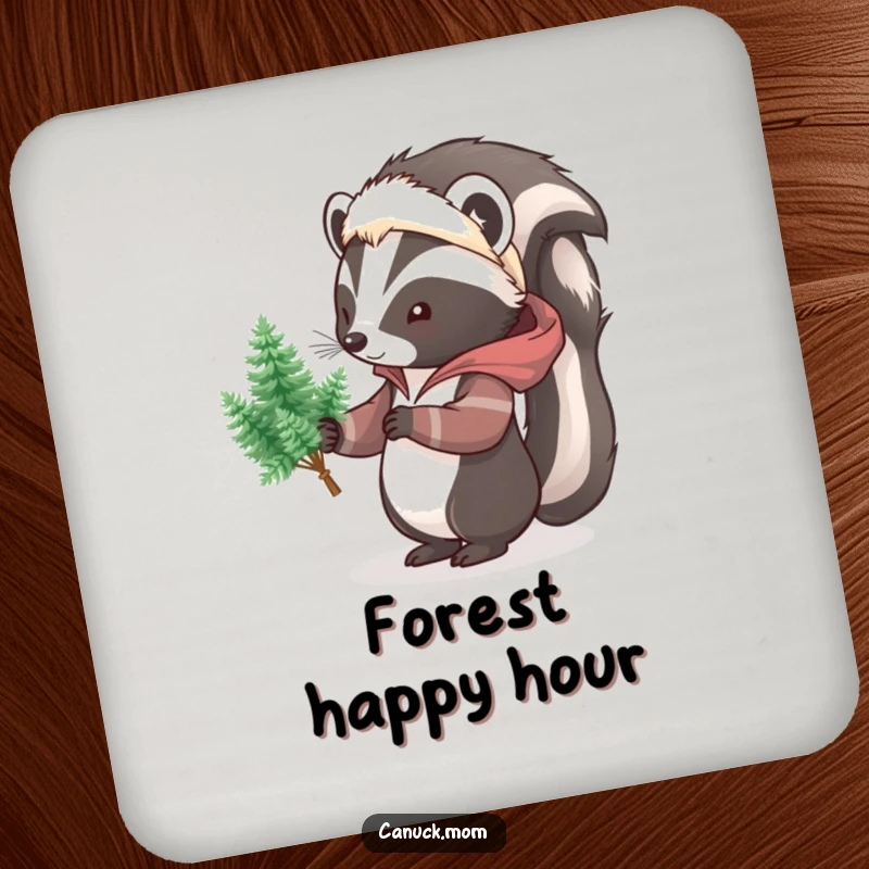 Funny Skunk Pine Tree Coaster, a decorative coaster featuring a cartoon skunk in a parka, holding tiny pine trees, protects surfaces humorously.