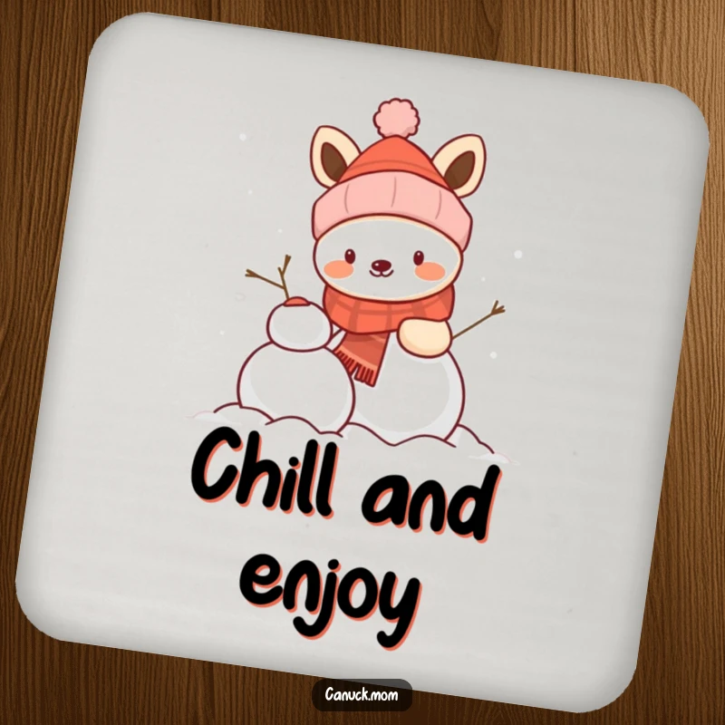 Funny animal wearing a winter hat, building a snowman, a humorous and protective drink coaster.