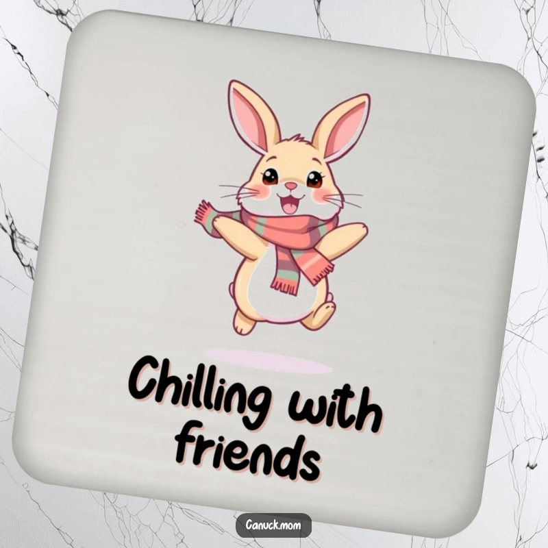 Funny snowshoe hare drink coaster featuring a happy bunny wearing a scarf and hopping excitedly, adding whimsical winter protection to tabletops.