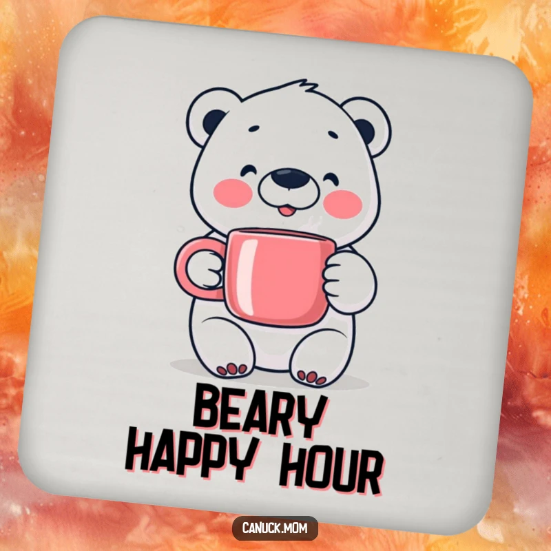 Happy Polar Bear Coaster, holding a steaming mug, perfect for adding cozy arctic charm.