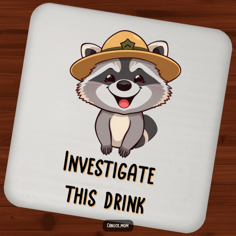Funny coaster set featuring a grinning raccoon in a park ranger hat, looking curiously, adding woodland humor.
