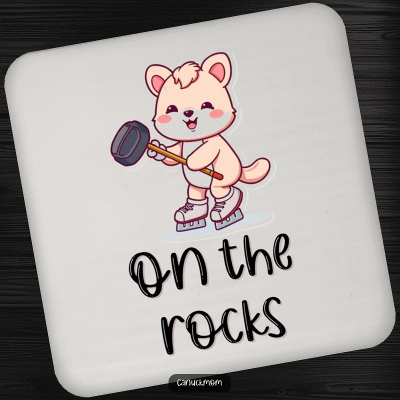 Funny animal with hockey puck and stick skates joyfully, a humorous and protective drink coaster.