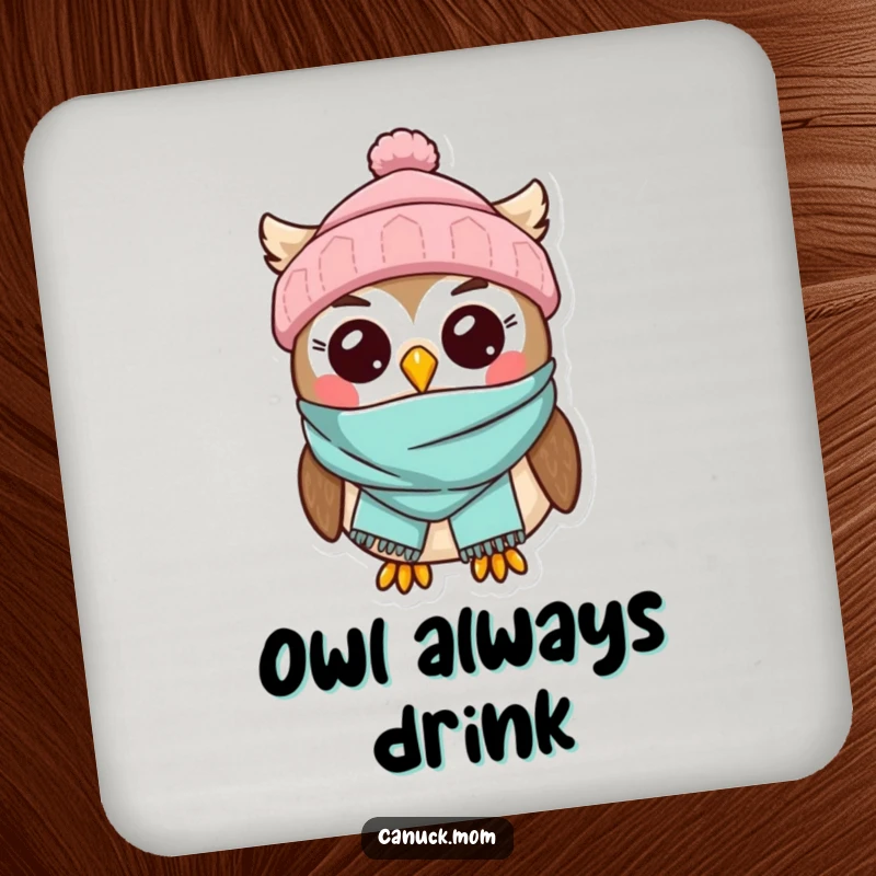 Kawaii Owl Coaster featuring an adorable character in a toque and scarf, perfect for cute winter protection.