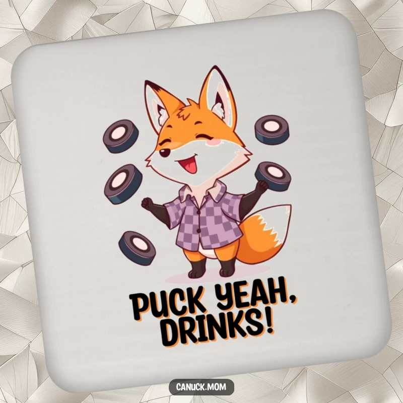 Funny fox juggling hockey pucks, a humorous and protective coaster set for game rooms.