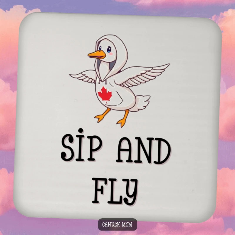 Funny goose wearing a Canadiana hoodie, flying north, depicted on a humorous and patriotic coaster.