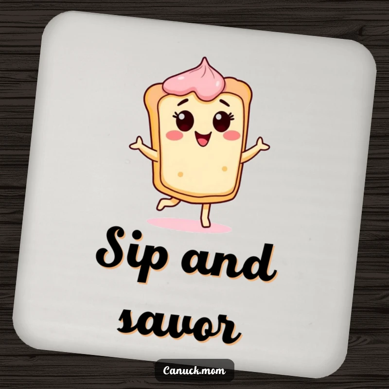 Funny Butter Tart Coaster showing a cheerful, dancing tart character, protecting surfaces with sweetness, a funny gift.