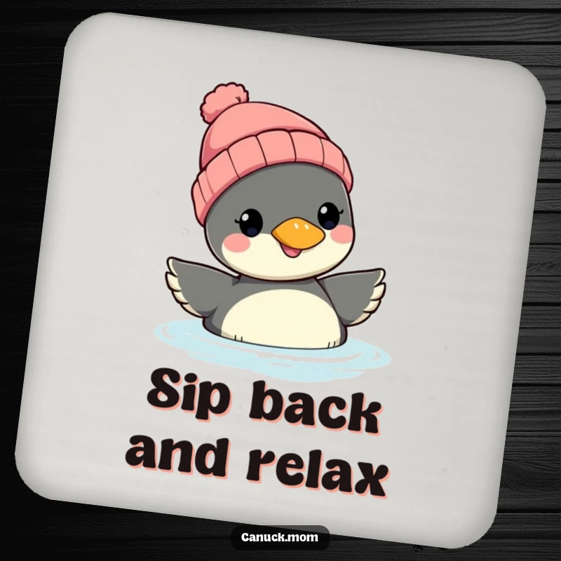 Funny Loon Beanie Coaster: A smiling loon in a beanie floats, protecting surfaces with a touch of whimsical, hilarious bird charm.