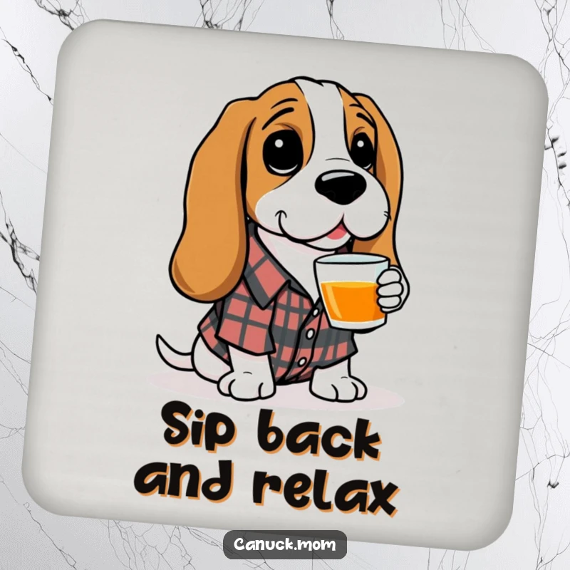 Funny Basset Hound Coaster: A sophisticated Basset Hound in a plaid shirt offers a cup of tea, protecting your surfaces.