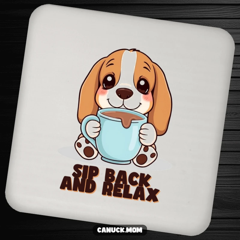 Funny Basset Hound with a hot chocolate mug, looking content, designed as a charming and humorous drink coaster.
