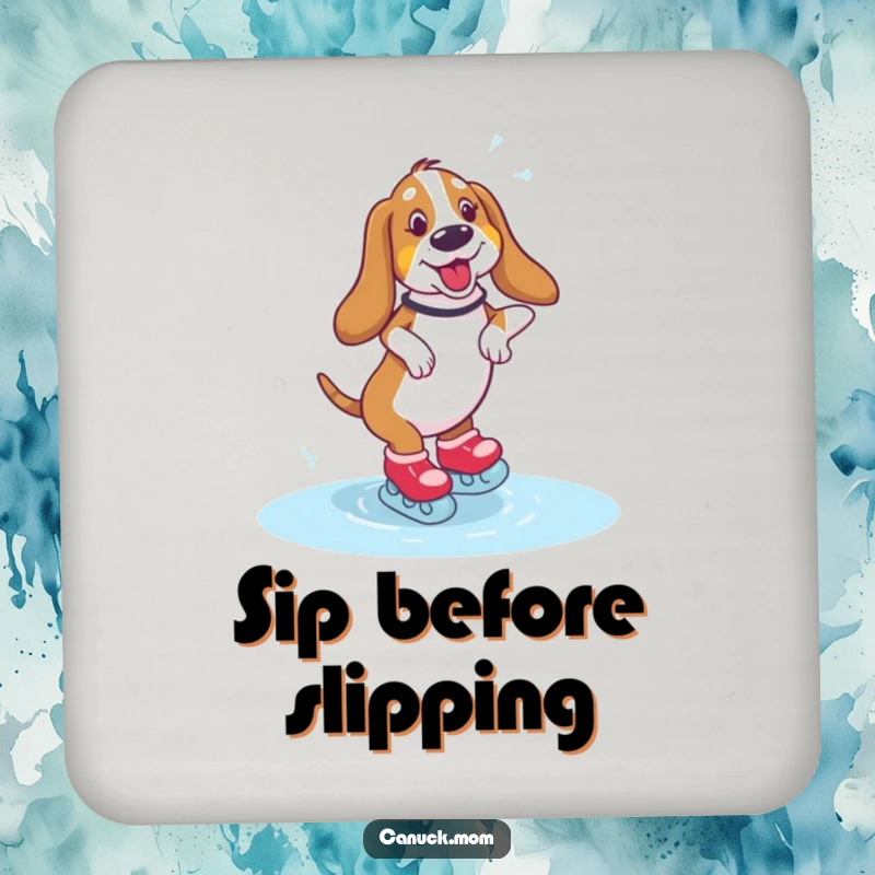 Funny Basset Hound Coaster featuring a dog hilariously wobbling on ice skates, perfect for drink protection.