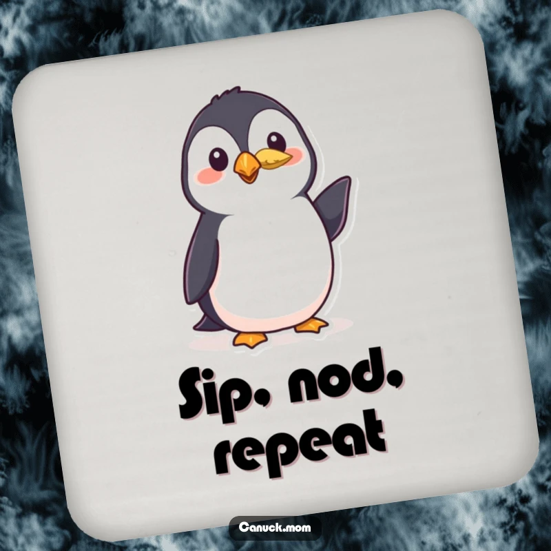 Funny puffin coasters showing a polite bird wearing a small feather and giving a friendly nod, protecting surfaces with avian charm.