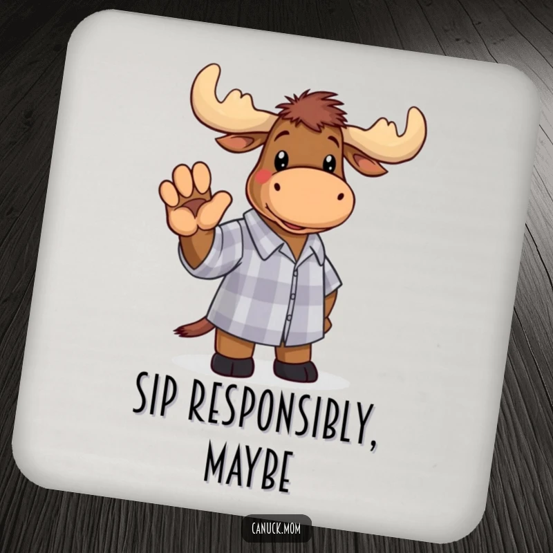 Funny moose in a checkered shirt waving, depicted on a drink coaster, adding practical humor to any table.