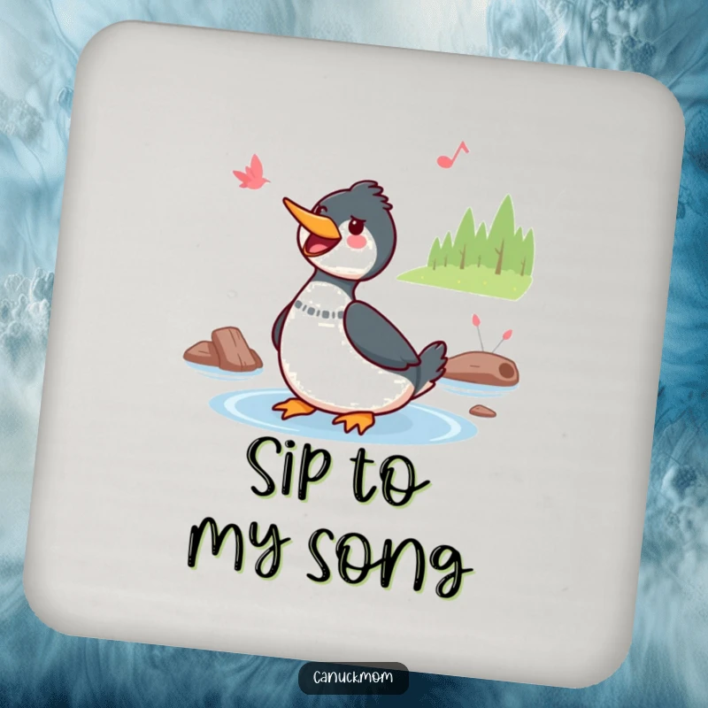 Funny Kawaii Loon Coaster: A cute Kawaii loon sings by a lake, adding cheerful charm and surface protection.