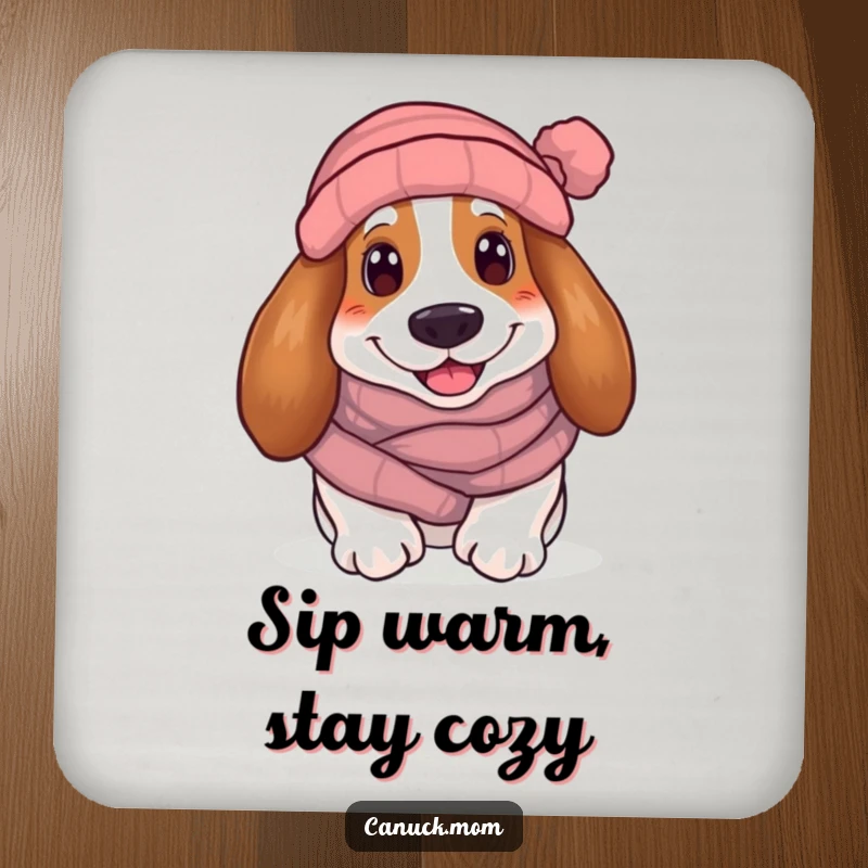 Funny Basset Hound Coaster: A smiling hound in a winter scarf and toque, bringing cozy humor and surface protection.