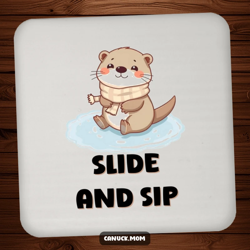 Funny Otter Scarf Drink Coaster: A happy otter wearing a tiny scarf slides on a frozen puddle, protecting surfaces.