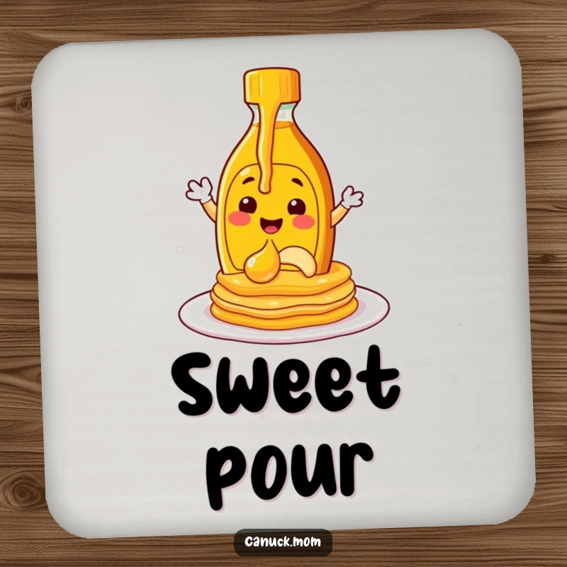 Funny maple syrup bottle character pouring syrup onto pancakes, designed as a protective drink coaster.
