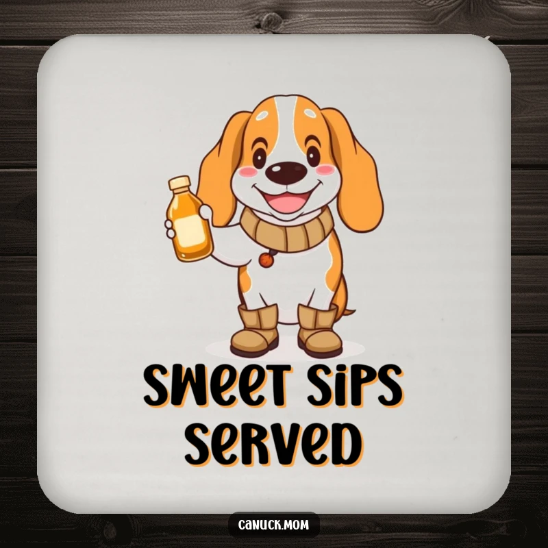 Funny Basset Hound Coaster: A dog in boots holds maple syrup, protecting surfaces with humor.