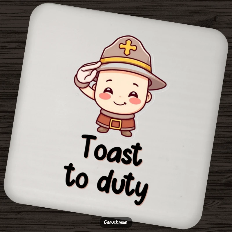 Funny Mountie hat drink coaster with a smiling face bravely saluting, adding a humorous and protective Canadian touch to any tabletop.