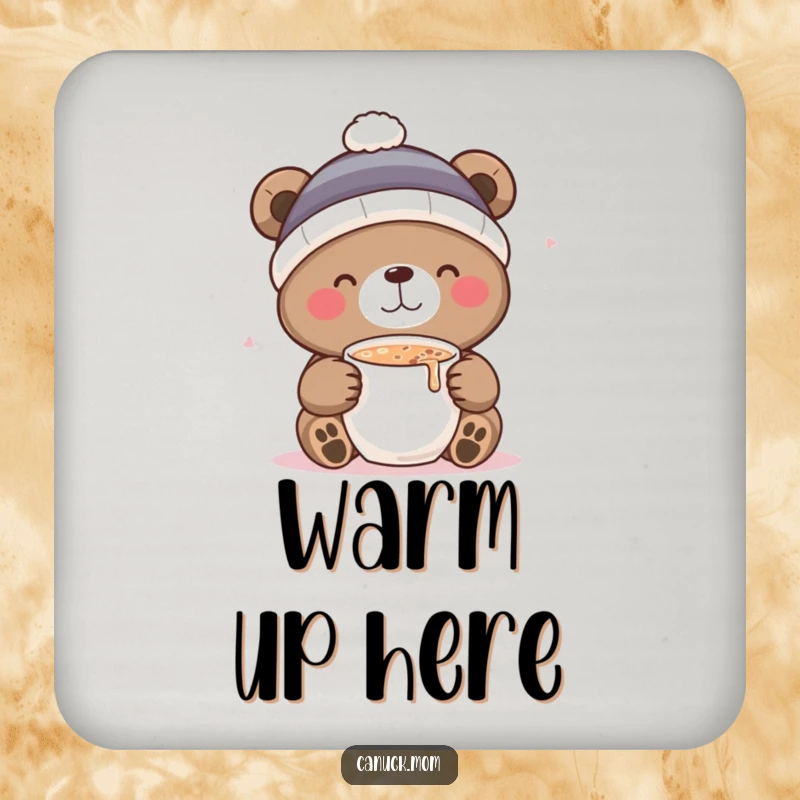 Funny coaster set featuring a bear in a toque, sipping hot cocoa, adding decorative humor to any surface.