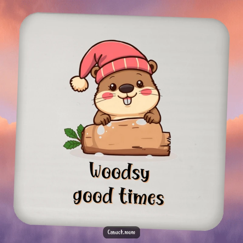 Funny beaver wearing a toque hat, chopping a festive log, protecting surfaces with holiday spirit.
