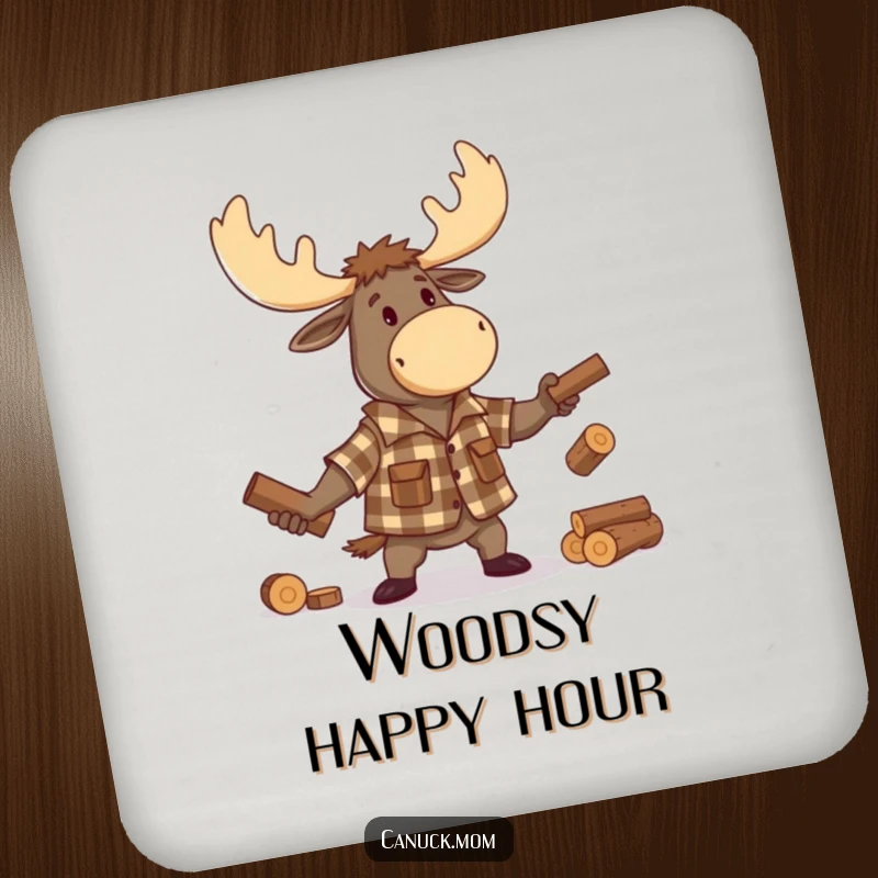 Funny Moose Lumberjack Coaster, a single coaster showing a cartoon moose in flannel, juggling small logs, protecting tables with humor.