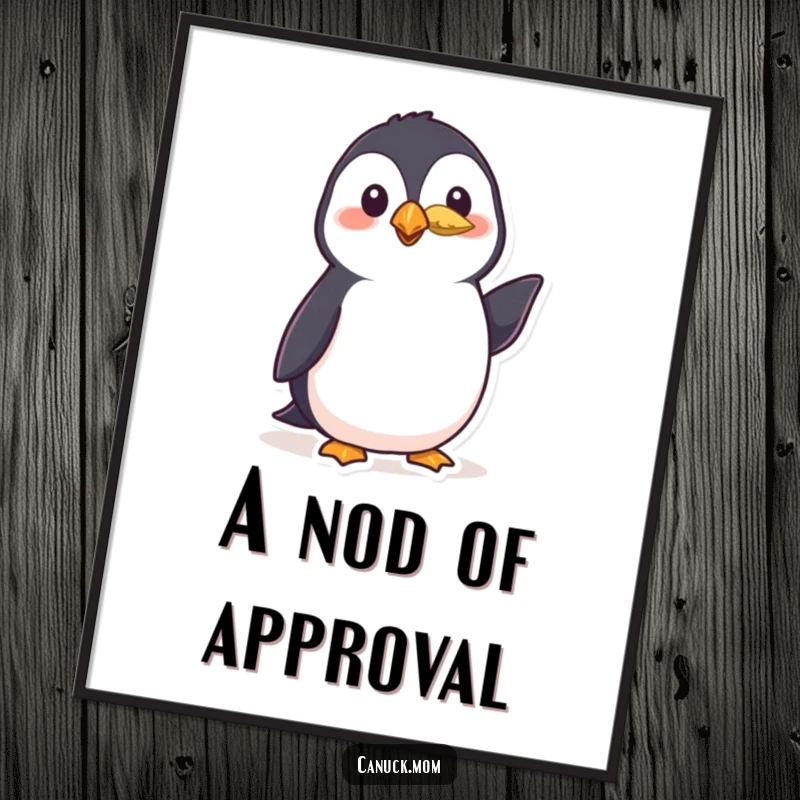 Funny puffin poster of a polite bird wearing a small feather and giving a friendly nod, charming avian wall art for bird enthusiasts.