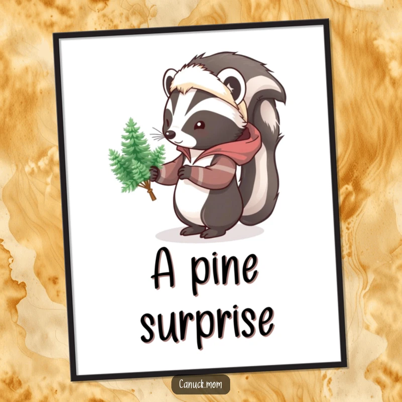 Funny Skunk Pine Tree Poster, a delightful illustration of a cartoon skunk in a parka, offering tiny pine trees, whimsical wall decor.