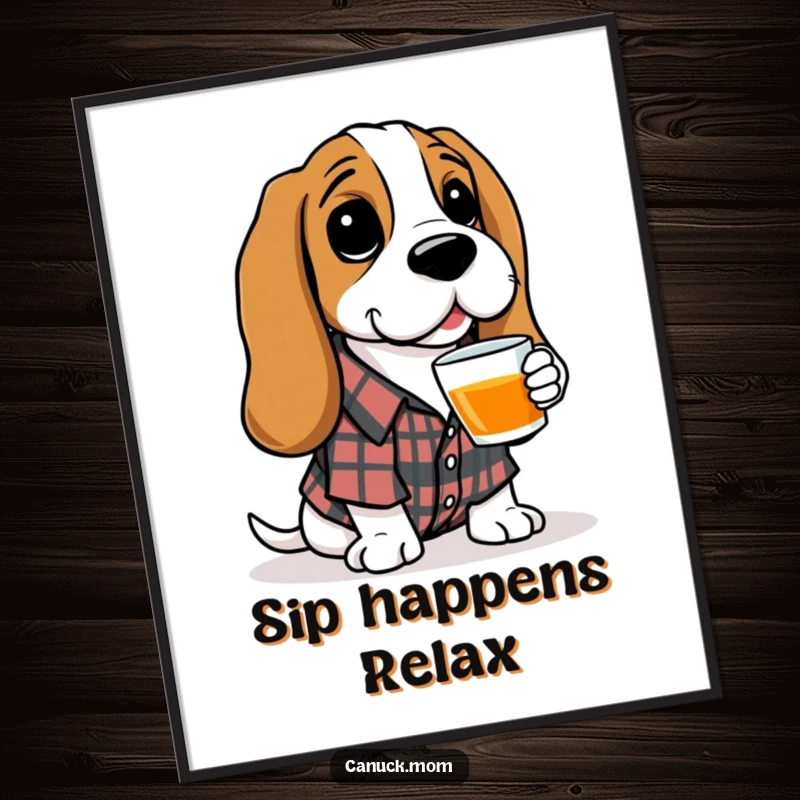 Funny Basset Hound Poster: A dapper Basset Hound in a plaid shirt offers a cup of tea, creating a cozy and humorous scene.