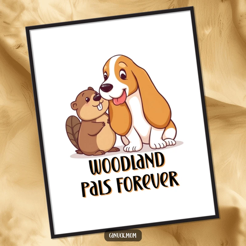Funny Basset Hound and Beaver Poster: A Basset Hound and a Beaver share a conspiratorial, playful glance, bringing humor to any wall.