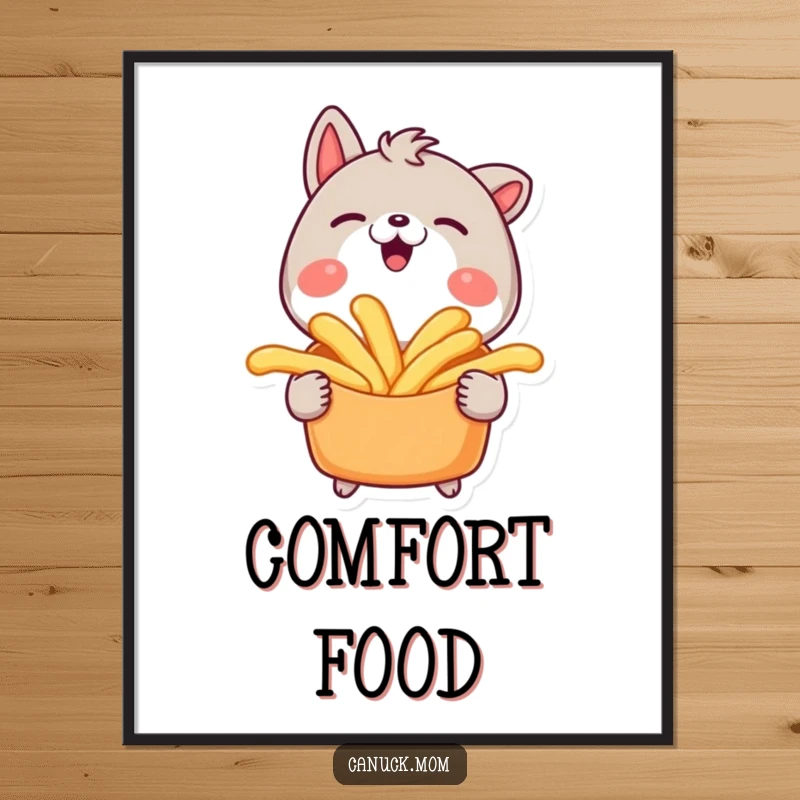 Funny poster of an animal character smiling widely while holding a plate of poutine.
