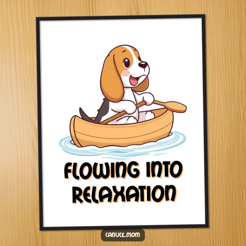 Funny Basset Hound Canoe Poster: A happy Basset Hound sits contentedly in a miniature canoe, bringing a smile to any room.