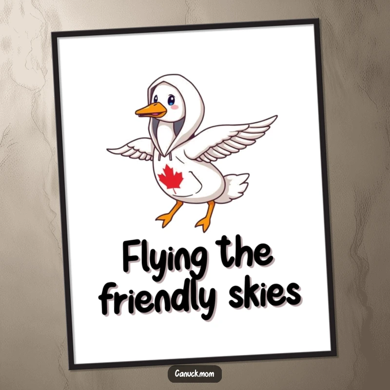 Funny goose in a Canadiana hoodie, flying north, a humorous and patriotic art print.