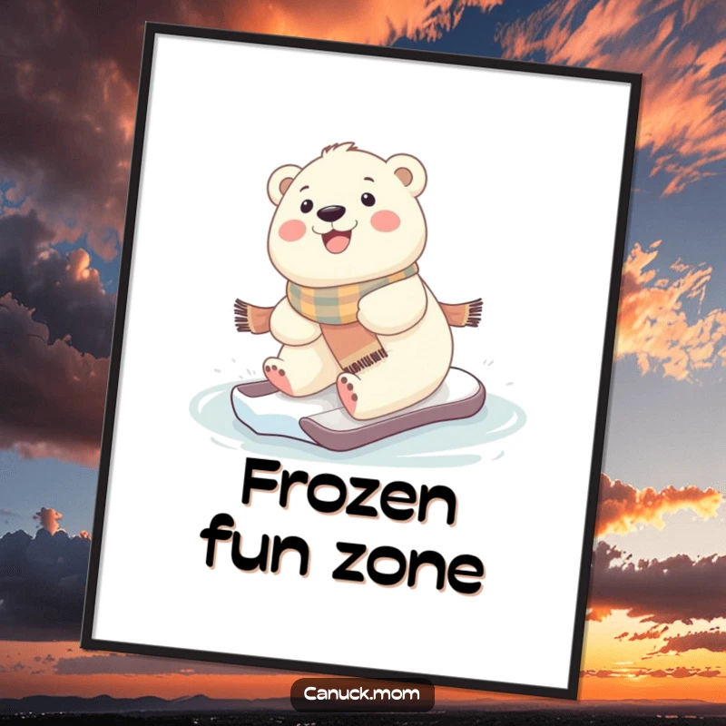 Funny and cute kawaii baby polar bear wearing a scarf, sliding on ice, perfect for wall art.