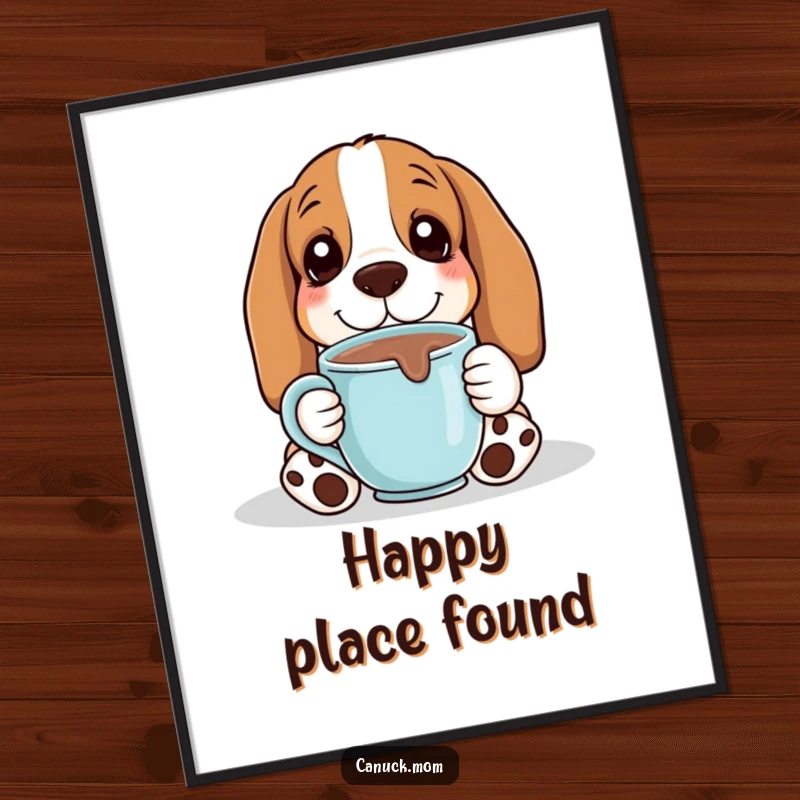 Funny Basset Hound enjoying a hot chocolate mug, radiating pure cozy contentment in this charming wall art poster.