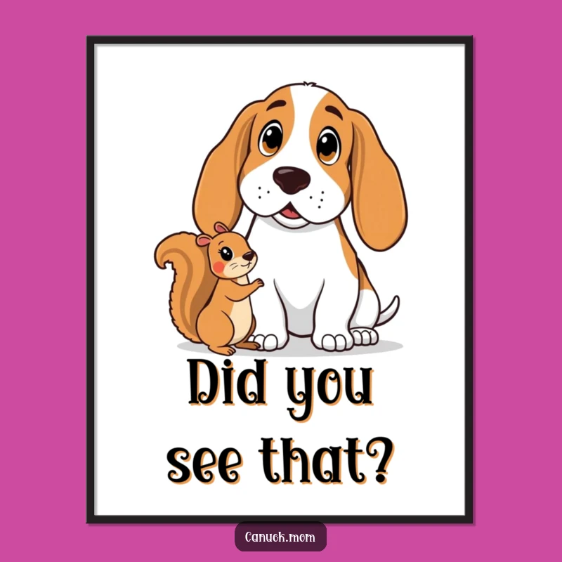 Funny Basset Hound Surprise Poster - German Shepherd Watching Squirrel, Charming Funny Gift