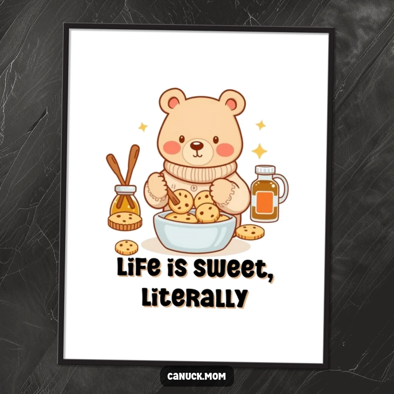 Funny bear in a cozy sweater baking maple syrup cookies on a poster, adding heartwarming and humorous kitchen decor.