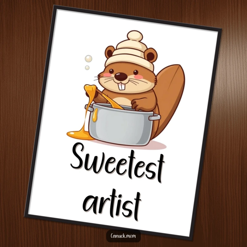 Funny beaver wearing a toque, stirring a pot of maple syrup, presented as vibrant wall art, celebrating Canadian treats.