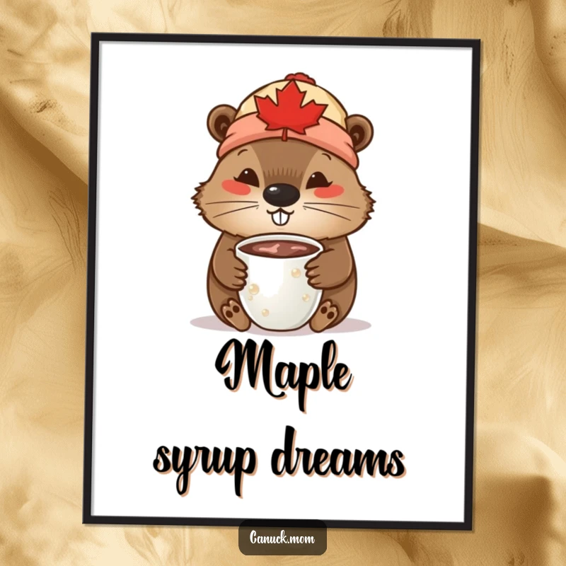 Funny Beaver Poster: A beaver adorned with a maple leaf toque is shown sipping a mug of hot chocolate.