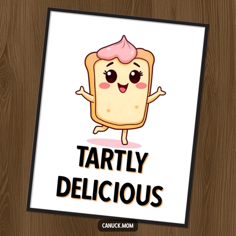 Funny Butter Tart Poster showing a cheerful, dancing tart character, ideal for kitchen decor and a funny gift.