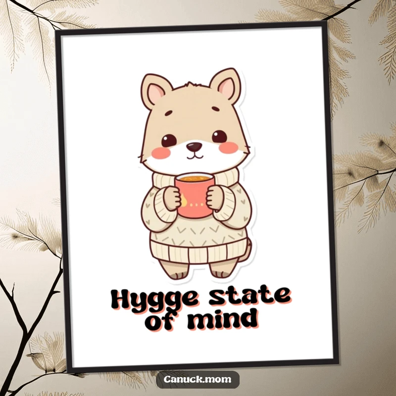 Funny animal wearing a cozy sweater shares a warm drink, a warm and humorous poster.