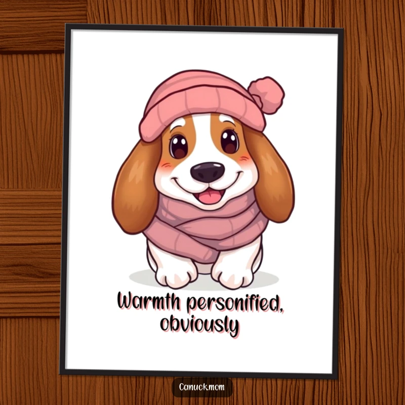 Funny Basset Hound Poster: A smiling Basset Hound wearing a scarf and toque, a charming and humorous winter art piece.