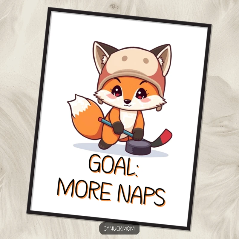 Funny fox in a trapper hat playing hockey with a puck on a poster, capturing the thrill of winter sports.