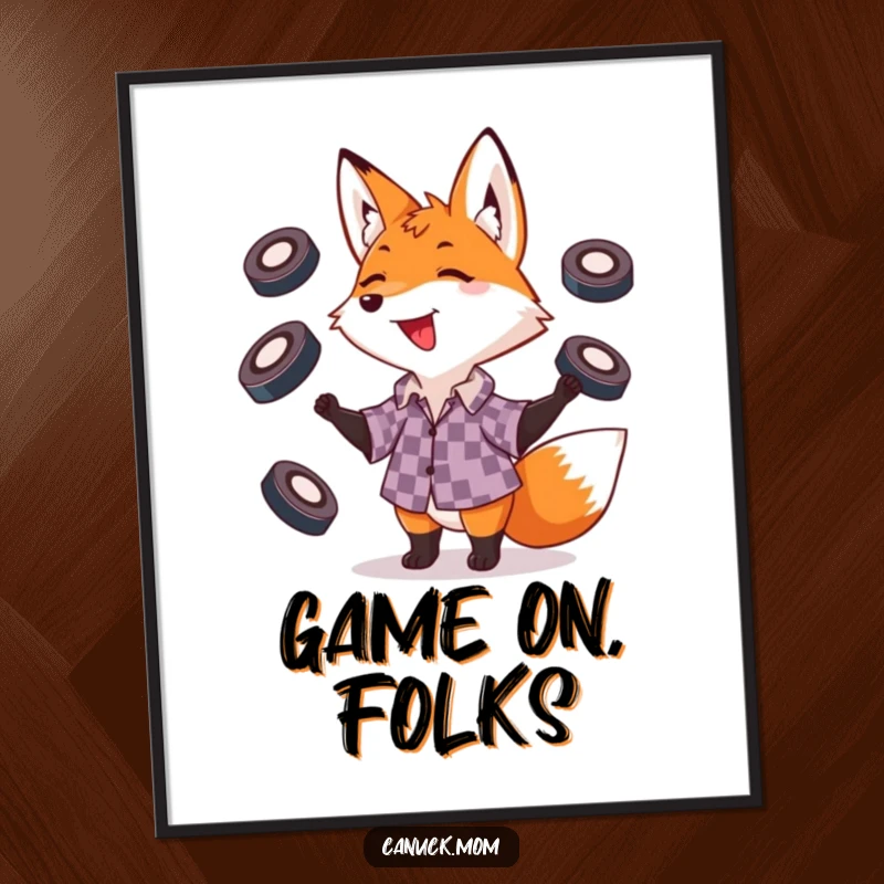 Funny fox in a checkered shirt skillfully juggling hockey pucks, a dynamic and humorous sports-themed artwork.