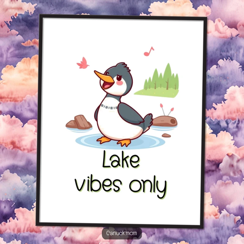 Funny Kawaii Loon Poster: A cute Kawaii loon sings a cheerful tune by a lake, creating a heartwarming and melodic piece of wall art.