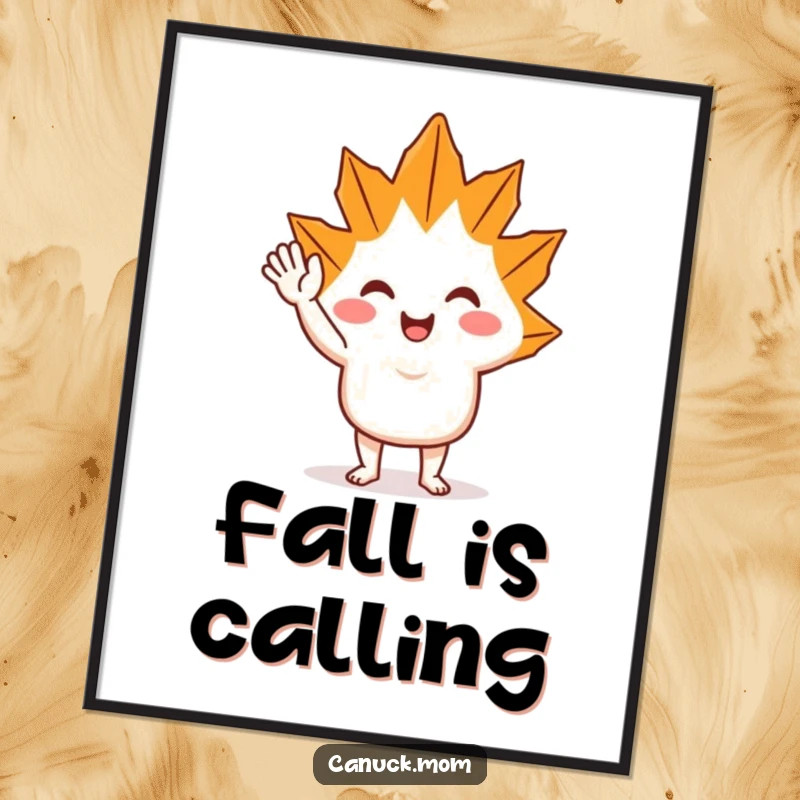 Funny Maple Leaf Wave Poster: A vibrant art print of a happy maple leaf character waving a friendly greeting.