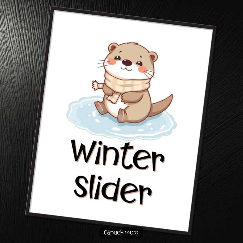 Funny Otter Scarf Poster: A happy otter wearing a tiny scarf slides on a frozen puddle, bringing cheerful winter vibes.