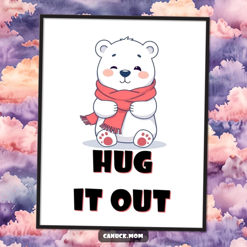 Funny Polar Bear Hug Poster, a digital artwork of a friendly cartoon polar bear wearing a scarf, extending its arms for a hug.