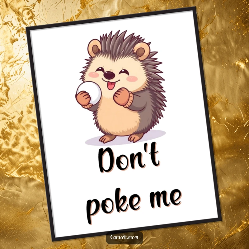Funny poster art of a happy porcupine in mittens, playfully holding a snowball, embodying winter joy.