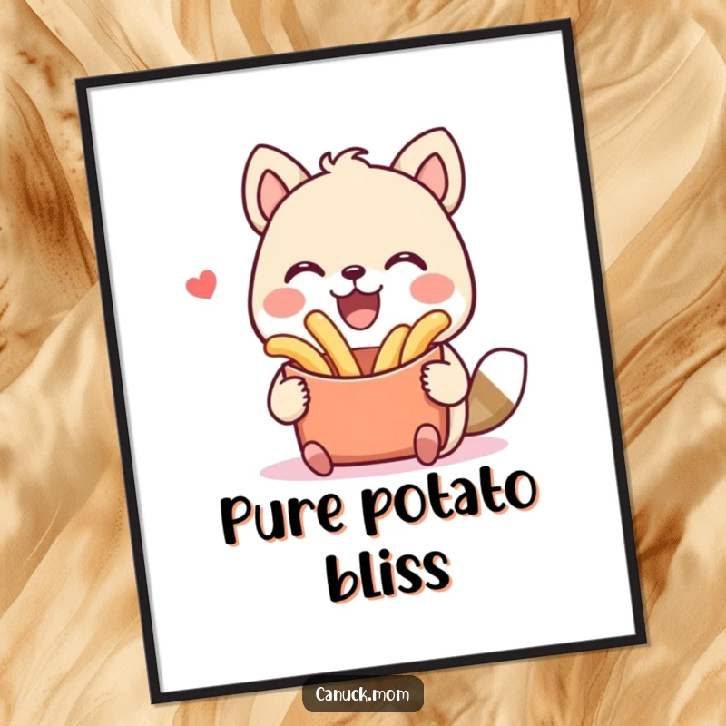 Funny poutine poster featuring an animal character with a huge smile holding a plate of delicious poutine. Humorous wall art gift.