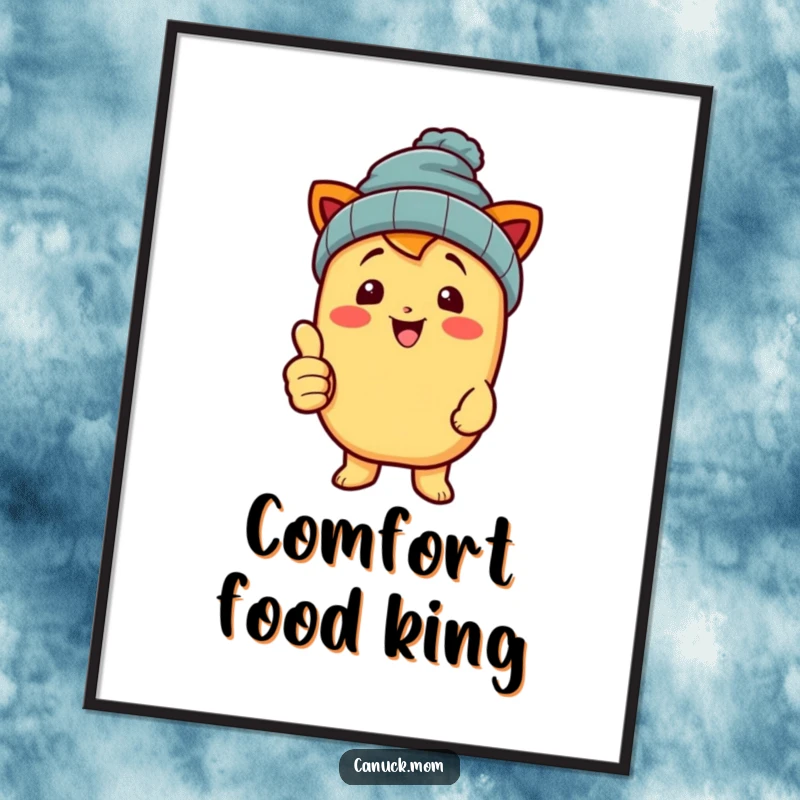 Funny poutine character wearing a beanie, giving a thumbs up, displayed as vibrant wall art.